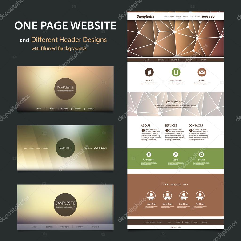 One Page Website Template and Different Header Designs with Blurred Backgrounds and Network Connection Mesh