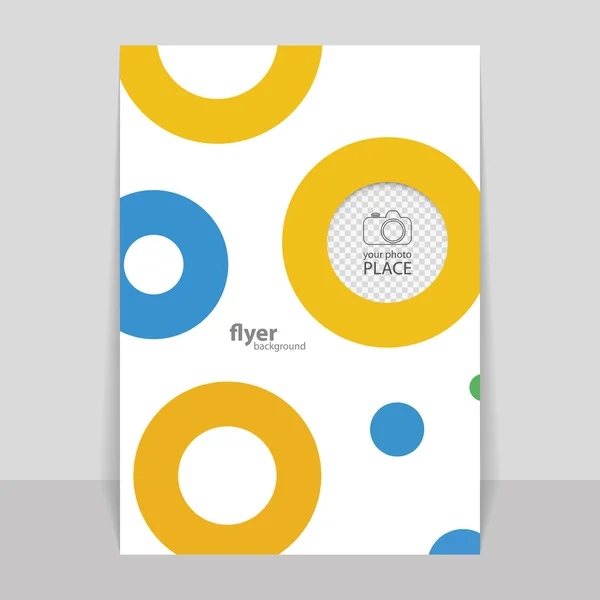 Folheto ou capa Design com pontos coloridos, anéis, bolhas e lugar para sua foto — Vetor de Stock