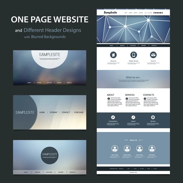 Plantilla de sitio web de una página y diferentes diseños de encabezado con fondos borrosos — Archivo Imágenes Vectoriales
