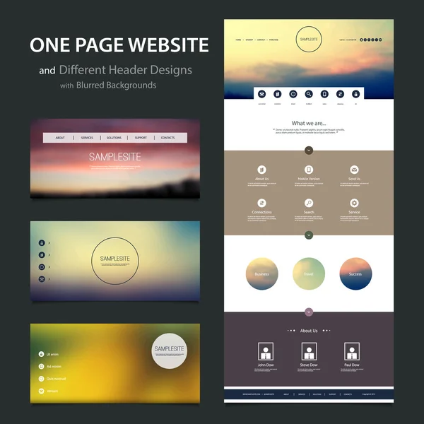 Eine Seite Website-Vorlage und verschiedene Header-Designs mit verschwommenem Sonnenuntergang und wolkenverhangenem Himmel — Stockvektor