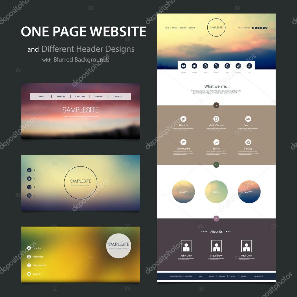 One Page Website Template and Different Header Designs with Blurred Sunset and Cloudy Sky Backgrounds