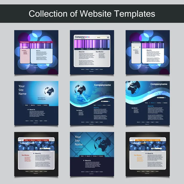 Συλλογή των Templates ιστοσελίδα για την επιχείρησή σας - εννέα ωραίο και απλό σχεδιασμό προτύπων με διαφορετικά σχέδια και τα σχέδια της κεφαλίδας — Διανυσματικό Αρχείο