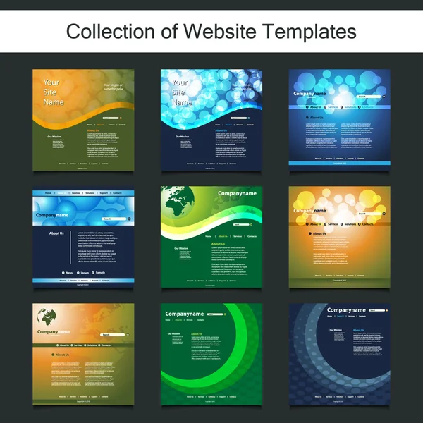 Colección de plantillas de sitios web para su negocio - Nueve plantillas de diseño agradable y simple con diferentes patrones y diseños de encabezado — Vector de stock