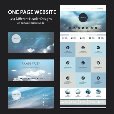 Bir sayfa web sitesi şablonu döşenir ve soyut üstbilgisi farklı tasarımlar doğal Tema, gün batımı ve bulutlu gökyüzü arka plan bulanık