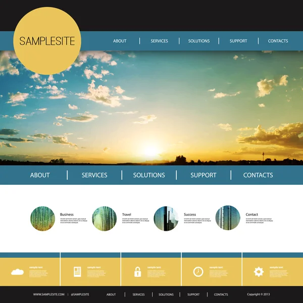 Plantilla de diseño de sitios web para su negocio con fondo de imagen al atardecer: nubes, sol, rayos solares — Vector de stock