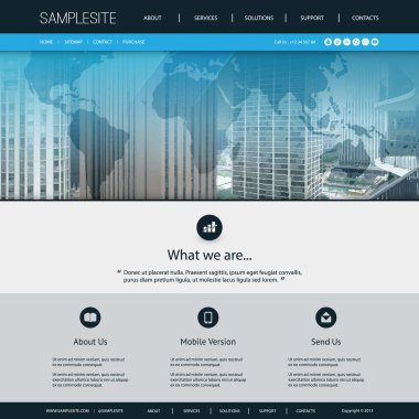 Web sitesi tasarım şablonu şeffaf izlenen şehir manzarası ve dünya harita arka plan ile Global iş
