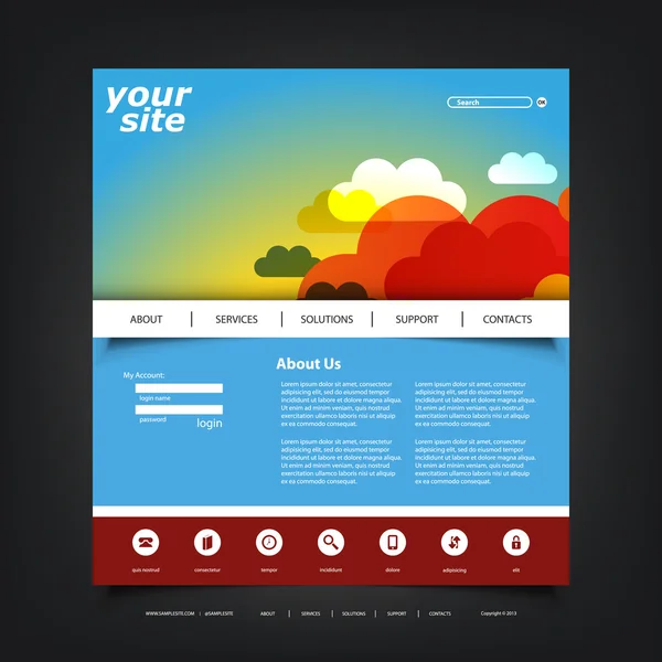 Plantilla de diseño de sitios web para su negocio con nubes en el cielo Header — Vector de stock