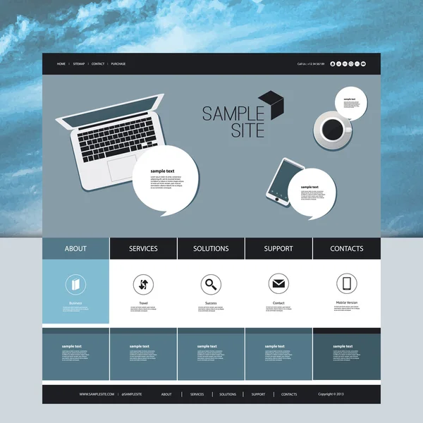 Ιστοσελίδα του σχεδιασμού για την επιχείρησή σας με αφηρημένη Defocused σύννεφο εικόνα φόντου και ψηφιακές ηλεκτρονικές συσκευές — Διανυσματικό Αρχείο