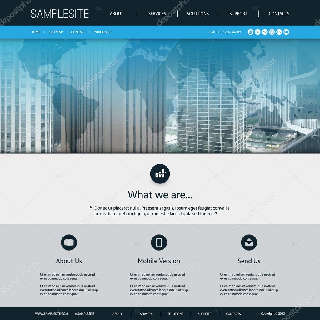 Website Design Template for Global Business with Transparent Traced City Skyline and World Map Background