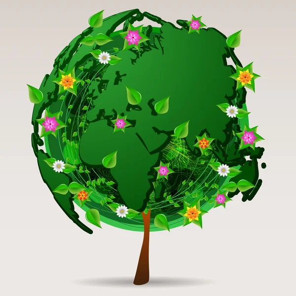 Salvar o mundo - Green Eco Tree Design - Ícone de proteção ambiental mundial ou conceito de logotipo — Vetor de Stock