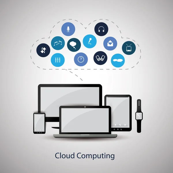 Design de conceito de computação em nuvem com ícones na nuvem representando vários tipos de serviços de mídia digital e sistema de armazenamento global — Vetor de Stock