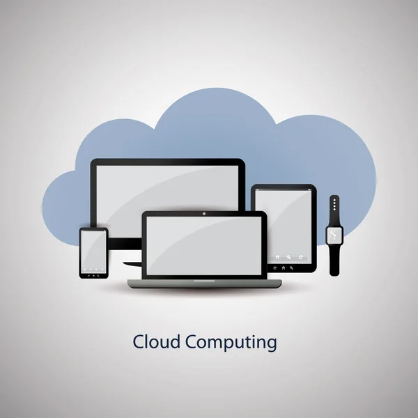 Cloud Computing-conceptontwerp met mobiele apparaten en Cloud achtergrond — Stockvector