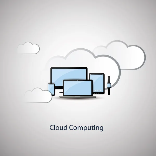 Design concettuale del cloud computing con dispositivi mobili e sfondo cloud — Vettoriale Stock