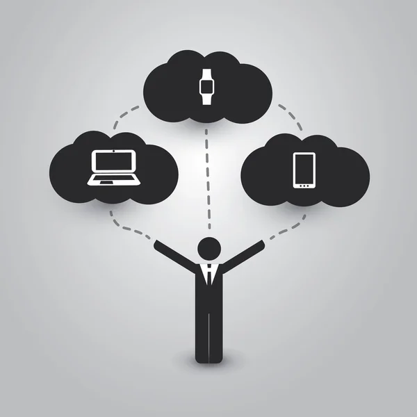 Cloud Computing and Telecommunication Concept with Different Devices: Computador portátil, notebook, Tablet PC, telefone inteligente, relógio inteligente — Vetor de Stock