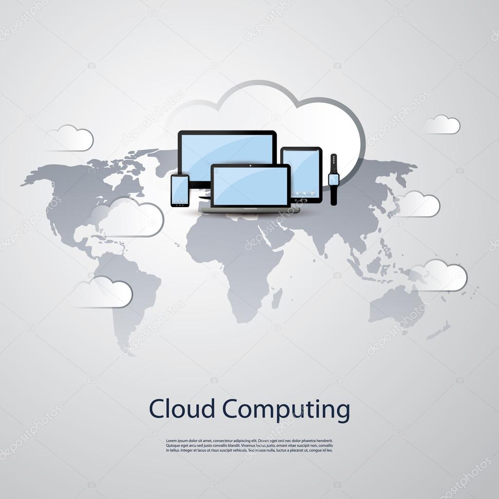 Global Cloud Computing, Telecommunication Concept Design with Mobile Devices, Smart Watch and World Map