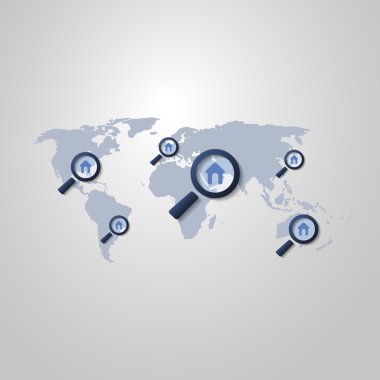 Global Real Estate Business Concept with World Map and Magnifying Glasses with House Icons Inside