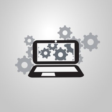 Analysis or Bugfix Symbol, Problem Finding Concept with Gears on the Screen of a Laptop Computer