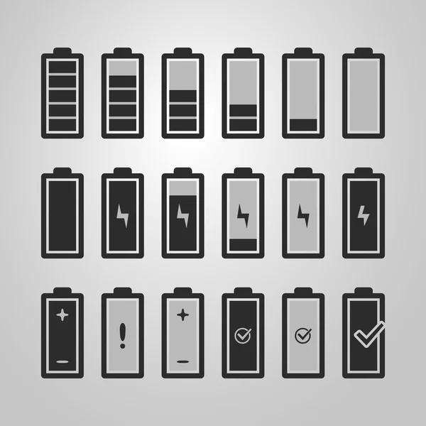 Diseño de conjunto de iconos de batería en blanco y negro - Indicador de nivel de carga, información de advertencia — Archivo Imágenes Vectoriales