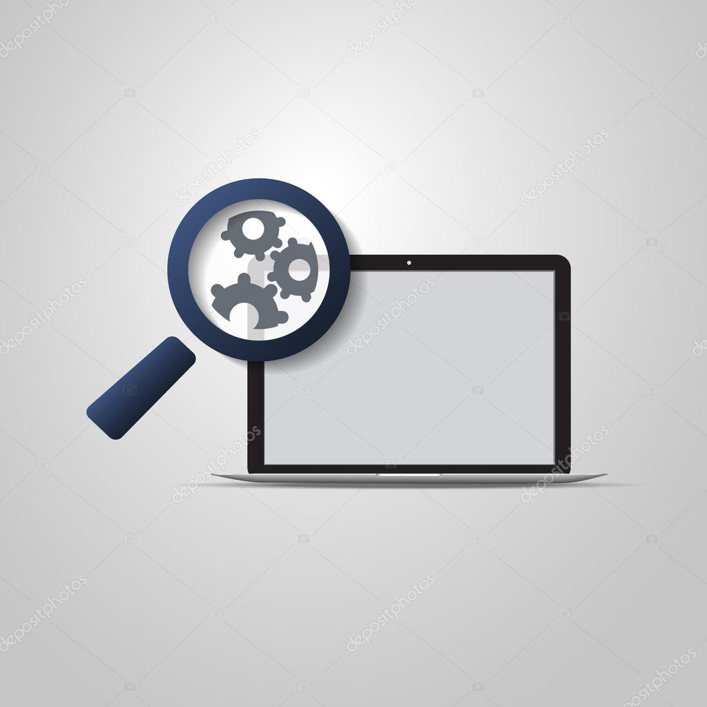 Analysis or Bugfix Symbol Concept with Magnifying Glass Icon and Gears on a Laptop Computer
