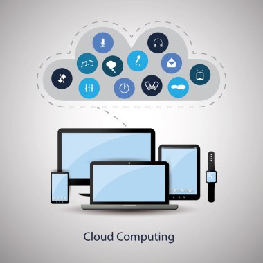 Cloud Computing Concept Design with Icons in the Cloud Representing Various Kinds of Digital Media, Streaming, Web Hosting and Storage Services