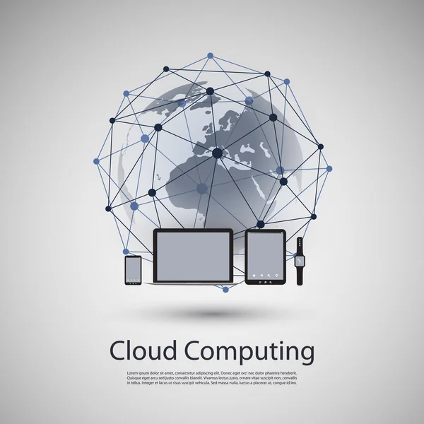 Computação em nuvem ou projeto de conceito de rede global com globo terrestre, malha de rede e diferentes tipos de dispositivos móveis — Vetor de Stock