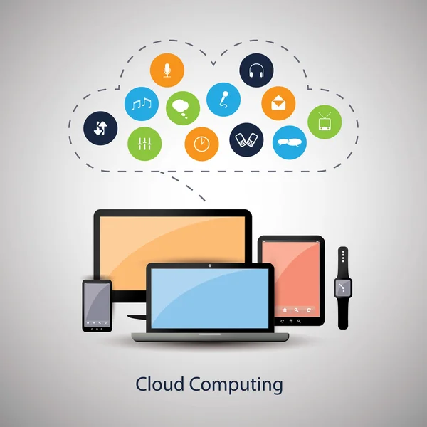 Diseño colorido del concepto de computación en la nube con iconos en la nube que representan varios tipos de medios digitales y servicios de almacenamiento — Vector de stock