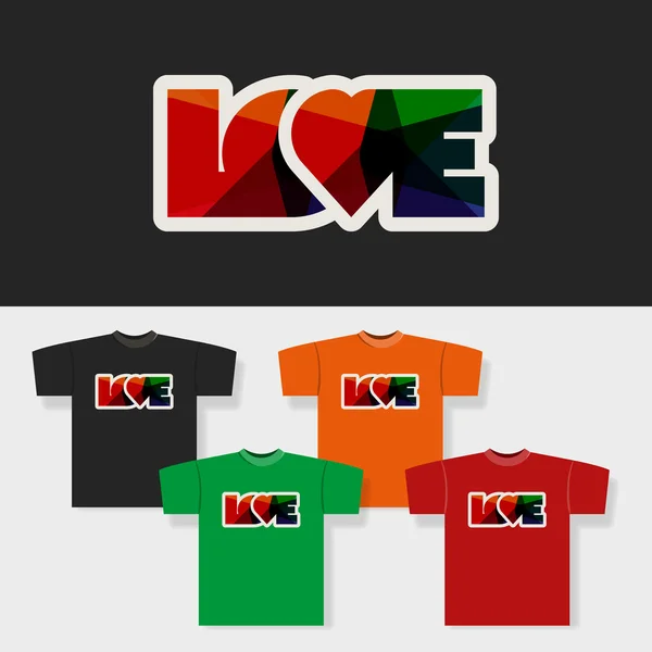 Tshirt Print Set with LOVE Label and Backgrounds in Different Colors — Stock vektor