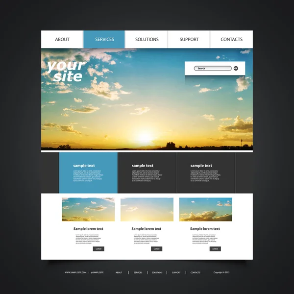 Modello di design del sito Web per il tuo business con sfondo immagine al tramonto Cielo blu, nuvole, raggi di sole e sole — Vettoriale Stock