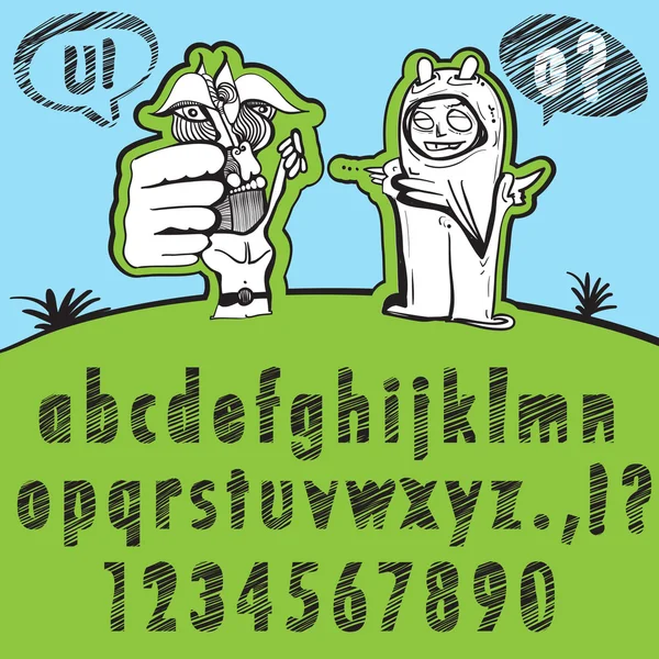 Alfabeto completo dibujado a mano con extraño concepto de comunicación artística divertida para niños — Vector de stock