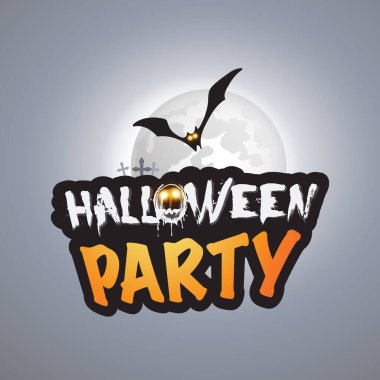 Halloween Party Poster, Banner or Greeting Card Template with Flying Bat in the Sky Under the Full Moon on Gray Background - Vector Design Illustration
