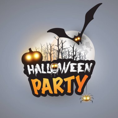 Halloween Party Poster, Banner or Greeting Card Template with Forest of Bare Trees, Jack-o-Lantern and Flying Bat in the Sky Under the Full Moon on Gray Background - Vector Design Illustration