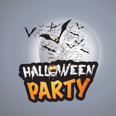 Halloween Party Poster, Banner or Greeting Card Template with Lots of Flying Bats in the Sky Under the Full Moon on Gray Background - Vector Design Illustration