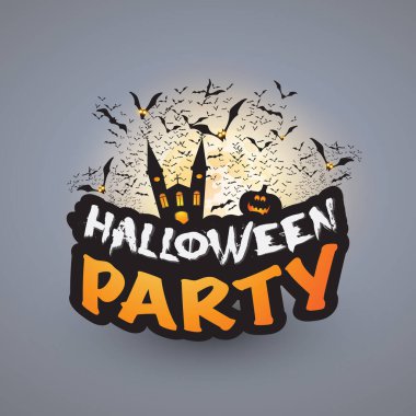 Halloween Party Poster, Banner or Greeting Card Template - Haunted Castle, Jack-o-Lantern, Many Bats with Glowing Eyes Flying Above - Vector Design Illustration