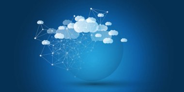 Koyu Mavi ve Beyaz Bulut Hesaplama Tasarımı Şeffaf Küre ve Yüzen Bulutlar - Dijital 3D Çokgen Ağ Bağlantıları, Teknoloji Arkaplanı, Minimalist Vektör Tasarım Şablonu