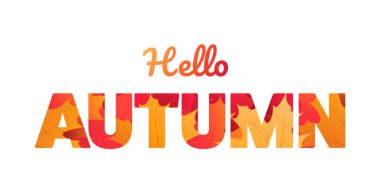 Merhaba sonbahar metin tasarımı renkli sonbahar yaprakları, desenli mektuplar. Mevsimlik vektör illüstrasyonu, renkli tipografi, sonbahar kutlamaları, posterler, davetiyeler ve dekoratif sanat eserleri için mükemmel..