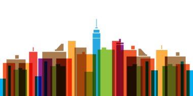 Yüksek binaların ve gökdelenlerin birden fazla parlak renkli olduğu canlı bir şehir siluetinin izole bir çizimi. Kompozisyon şehir mimarisini temsil etmek için dikey dikdörtgen şekiller kullanır..