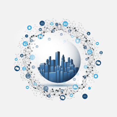 Gelecekçi Akıllı Şehir, IoT ve Cloud Computing Design Concept with Icons, Polygonal Ağ, Cluster and Nodes and Tall Buildings In a Glass Globe - Dijital Ağ Bağlantıları, Teknoloji Arkaplanı