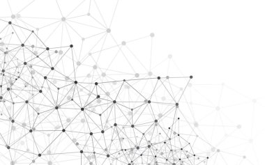 Birbirine bağlı düğüm ve çizgileri çokgen bir ağ yapısı oluşturan soyut ağ görselleştirmesi. İnce çizgilerle birbirine bağlı siyah ve gri noktalar bir bulut hesaplama ya da veri ağı deseni oluşturur.