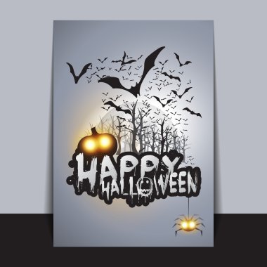 Happy Halloween Card, Flyer or Cover Template - Flying Bats Over the Autumn Woods and Various Spooky Creatures with Glowing Eyes - Vector Illustration