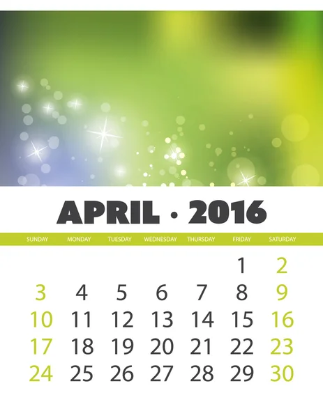 Monthly Calendar: April 2016 Template with Colorful Abstract Background - Vector Illustration — Stock Vector