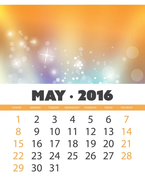 Calendario mensual: Mayo 2016 Plantilla con fondo abstracto colorido - Ilustración vectorial — Vector de stock