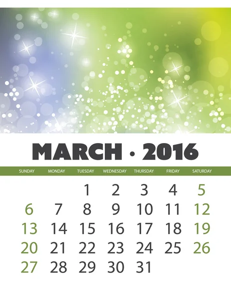 Μηνιαίο ημερολόγιο: Μαρτίου 2016 πρότυπο με πολύχρωμο Abstract Ιστορικό - εικονογράφηση φορέας — Διανυσματικό Αρχείο