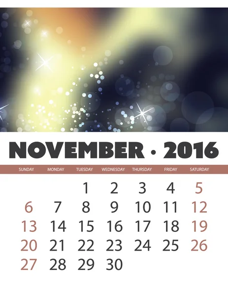 Calendario mensual: Noviembre 2016 Plantilla con fondo abstracto colorido - Ilustración vectorial — Archivo Imágenes Vectoriales