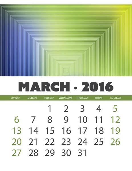 Calendrier mensuel : Mars 2016 Modèle avec fond abstrait coloré Illustration vectorielle — Image vectorielle