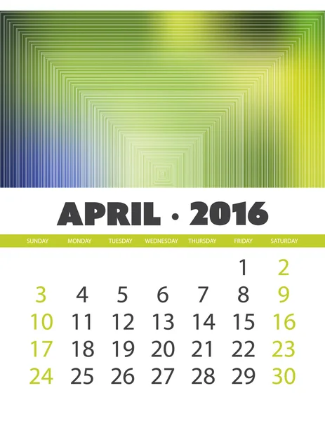 Monthly Calendar: April 2016 Template with Colorful Abstract Background - Vector Illustration — Stock Vector