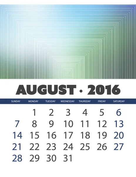 Calendario mensual: Agosto 2016 Plantilla con fondo abstracto colorido - Ilustración vectorial — Vector de stock