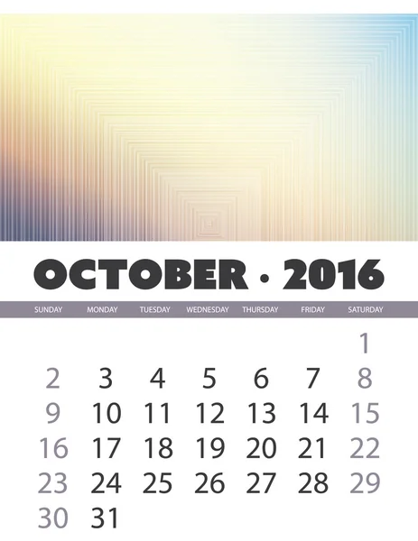 Měsíční kalendář: Říjen 2016 šablona s barevné abstraktní pozadí - vektorové ilustrace — Stockový vektor