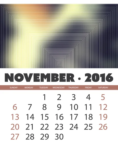 Calendario mensual: Noviembre 2016 Plantilla con fondo abstracto colorido - Ilustración vectorial — Vector de stock