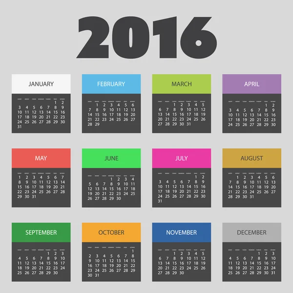 Diseño de calendario colorido simple para el año 2016 — Vector de stock