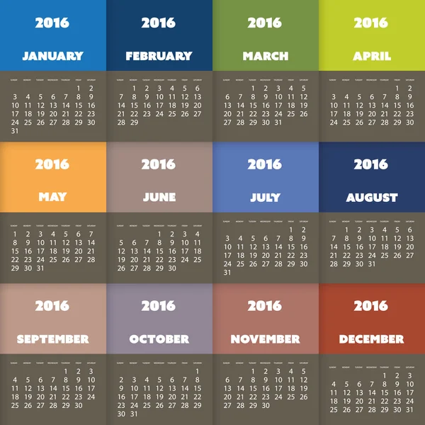 Diseño de calendario colorido simple para el año 2016 — Vector de stock